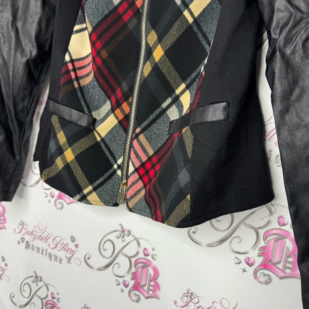 Cartise jacket coat zip up plaid black faux leather sleeves zipper gold hardware - Picture 4 of 9